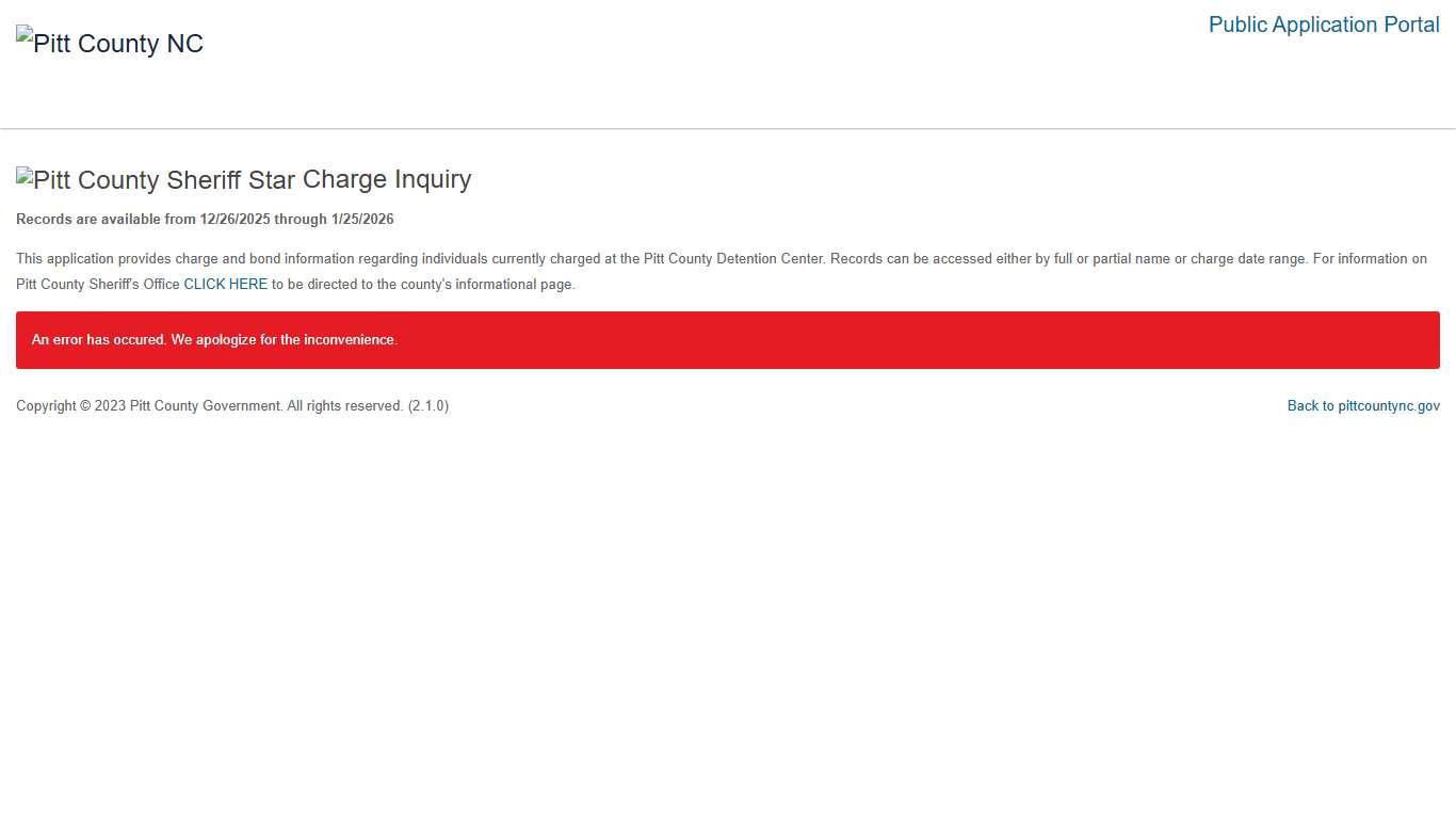 Pitt County NC -- Charges Inquiry Search Error